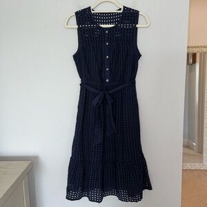 J. Crew All Over Eyelet Midi Dress Size 6 Navy Blue Elastic Waist Button Up
